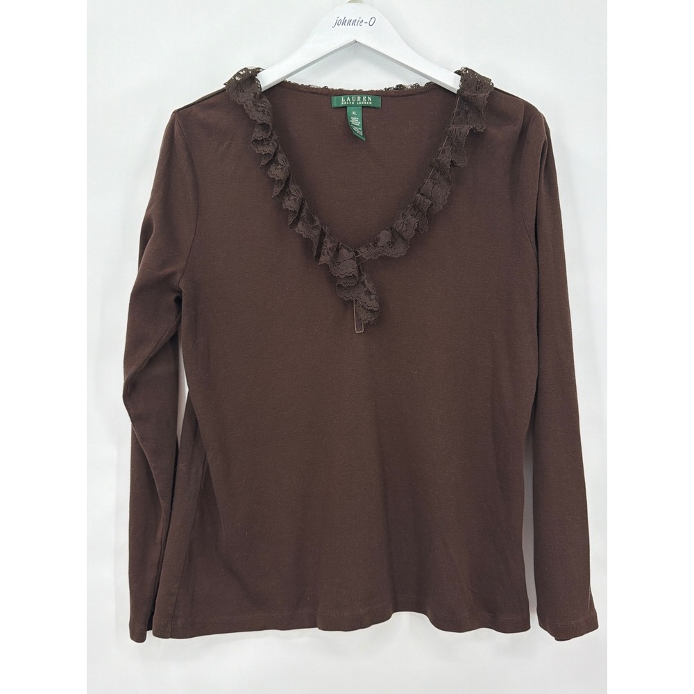 Lauren Ralph Lauren Brown Cotton Lace Velvet Trim V-Neck Long Sleeve Top XL